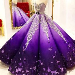 Princess Purple Quinceanera Dresses Crystal Beads Sash Butterfly Lace Appliques Engagement Dress Ball Gown Prom Party Gowns 266Z