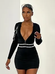 Casual Dresses Women's Letter Print Black Bodycon Dress Long Sleeve Zipper O-Neck Y2K Clothes Sexy Streetwear