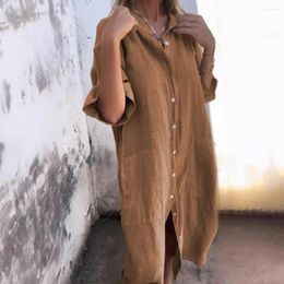 Casual Dresses Spring Summer Women Dress Turn-down Collar Loose Half Sleeves Solid Colour Single-breasted Split Hem Shirt Type Mid-calf