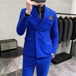 Men's Suits Blazers Fashion Men Double Breasted Plaid Suit Coat Pants 2 Pcs Set / Male Slim Fit Business Wedding Blazers Jacket Trousers #29