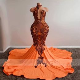 Sexy Aso Ebi Style Orange Mermaid Prom Dress 2022 for Black Girls Hlate Neck Sweep Train Plus Size Formal Evening Occasion Gowns Ruffle 233T