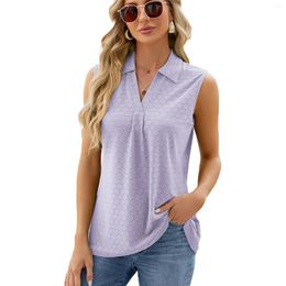 Women's T Shirts Women Sleeveless Shirt Lapel V Neck Tops For Summer Hollow Out Solid