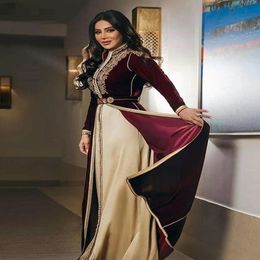 Moroccan Caftans Burgundy Formal Dress A-line Long Sleeves Evening Gowns Floor-Length Velour Vintage Party Dress with Embroidery 239E