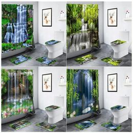 Shower Curtains Landscape Waterfall Curtain Green Bamboo Flowers Plant Forest Scenery Bathroom Decor Non-slip Carpet Toilet Bath Mat Set