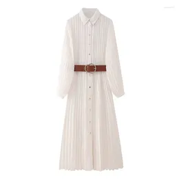 Casual Dresses Spring 2024 Women With Belt Pleated Chiffon Long Shirt Office Vestidos