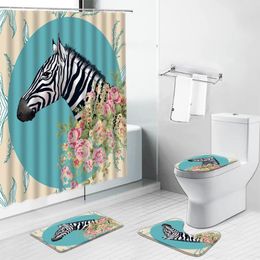 Shower Curtains Zebra Flower Curtain Tiger Elephant Giraffe Non Slip Carpets Toilet Lid Cover Rug Mat Cartoon Animal Bathroom Set