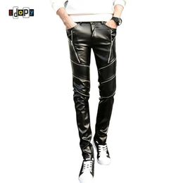 Men's Pants Idopy DJ Swag tight fitting faux leather PU tight black jogging party role-playing bike pants suitable for boys with zippersL2405
