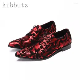 Casual Shoes Men Red Prints Genuine Leather Pointed Toe Lace Up Flat Banquet And Party Male Handmade Oxfords