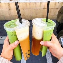 Disposable Cups Straws 10Pcs 700ml Plastic With Lids Double Grid Thicken Cup Couple Sharing Drinking For Bubble Tea Boba Smoothie