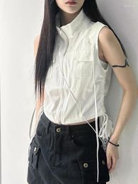 Women's T Shirts Zip Up Cargo Shirt Side Drawstring Pockets Sleeveless Crop Top Y2k Streetwear Women Outfits Korean Fashion Loose Tees