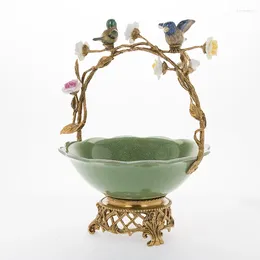 Bowls Luxury Home Decor Serving Ceramic Porcelain Gold Salad Green Colour Basket Shape With Bird Statue Brass Fruit