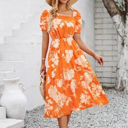 Casual Dresses High Waist Women 2024 Summer Puff Short Sleeves Maxi For Boho Style Beach Holiday Long