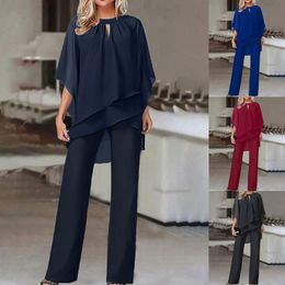 Women Asymmetrical Hem Top Pant Suit Fashionable Solid Color Pullover Trouser Jumpsuits Soft Loose Fit Ladies Casual Wear 240423