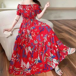 Basic Casual Dresses Bohemian Beach Retro Korean Review Many Dresses Midi Dresses Flower Shoulders Elastic Waist Large hem Womens ElegantL2405