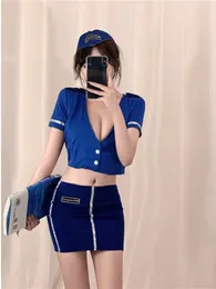 Work Dresses Sexy Uniform T-shirts Two Piece Set Short Chest Wrapping Wrap Buttocks Button V-Neck Mature Temptation Cosplay Blue G3L5