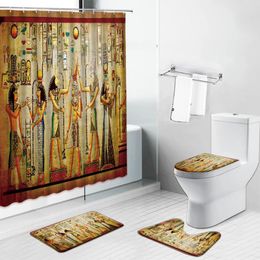 Shower Curtains Retro Ethnic Ancient Egypt Print Bathroom Decor Non-Slip Pedestal Rug Lid Toilet Cover Bath Mat Set Curtain