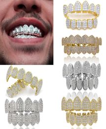 18K Real Gold Punk Hiphop Cubic Zircon Vampire Teeth Fang Grillz Dental Mouth Grills Braces Tooth Cap Rapper Jewelry for Cosplay P3277340