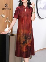 Party Dresses BirdTree Real Silk Watered Gazue Women Short Sleeve Flower Printed Vintage Chinese Dress 2024 Summer D44036QC