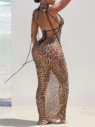 Casual Dresses Sexy Sheer Mesh Nightdress Solid/Leopard Tie-Up Bodycon See-Through Backless Cami Midi Dress Summer Sleepwear Lingerie