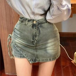 Skirts Sweet And Spicy Irregular Drawstring High Waist Denim Short Skirt Women's Striped Jeans Culottes Set