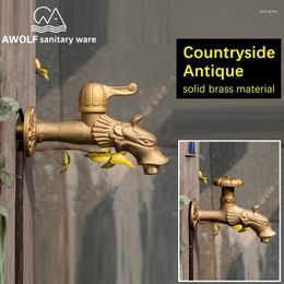 Bathroom Sink Faucets Outdoor Garden Faucet Lengthen Mop Pool Tap Antique Countryside Dragon Shape Art Cold Water Wall Mounted Washer AF6143