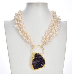 3 Strands Natural White Rice Pearl Necklace Purple Amethyst Quartz 24K Gold Plated Pendant Fashion Jewelry For Lady1249001