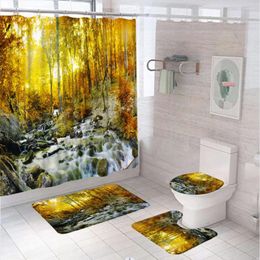 Shower Curtains Autumn Forest Scenery Curtain Set Streams Waterfalls Yellow Leaves Bathroom Bath Mat Carpet Rug Toilet Lid Cover