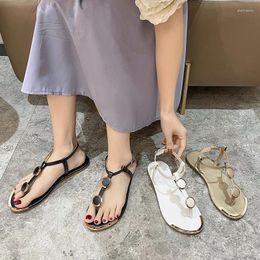Casual Shoes 2024 Women's Clip Toe Sandals Summer Flat Fashion Ankle Buckle T-strap Lady Sweet Metal Decorate Dress