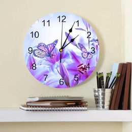 Wall Clocks Purple Butterfly Lily Flower Decorative Round Wall Clock Arabic Numerals Design Non Ticking Bedrooms Bathroom Large Wall Clock