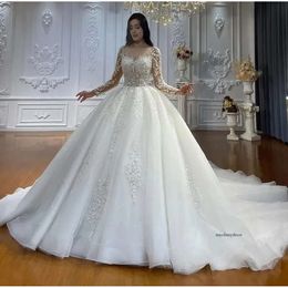 2024 Ball Gown Wedding Dresses Crystal Beads Lace Jewel Neck Illusion Long Sleeves Dubai Arabic Tulle Bride Bridal Gowns Vestido De Noiva Corset Back 0513