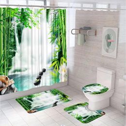 Shower Curtains Green Bamboo Waterfall Curtain Set Natural Scenic Zen Stone Lotus Bathroom Non-Slip Bath Mat Rug Toilet Lid Cover