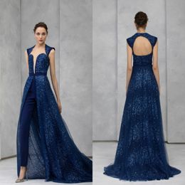 2020 Navy Evening Jumpsuit With Detachable Skirt Lace Sequined Beaded High Collar Prom Dress Tony Ward Formal Party Gowns Pants Suit 245t