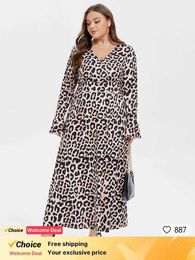 Plus size Dresses Plus Sized Clothing Leopard Printed Vacation Dress Fashion V Neck Flounce Slve Dress Long Slves Party High Waist Long Dress Y240510