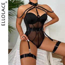 Sexy Set Ellolace Fancy Lingerie Bodysuit Women With Garters Boat Body One-Pieces Sissy Teddy Erotic Halter Open Croch Babydoll Q240511