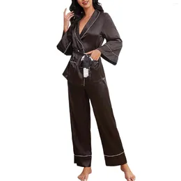 Home Clothing Women'S Pyjamas Sets Long Sleeved With Belt Soft Button Loungewear And Casual Suits For Ladies Fall Winter