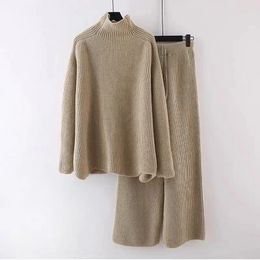 Women's Two Piece Pants Sweater Set Womens Solid Color Knitted Outfits Irregular High Neck Casual Evening Party Elegant Suits For Women