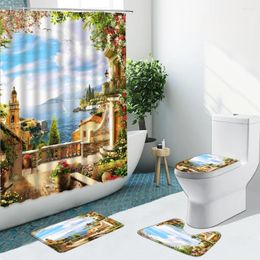 Shower Curtains 3D Oil Painting Landscape Curtain Flower Green Vine Seascape Bathroom Set Anti-Skid Rugs Toilet Lid Cover Carpet Bath Mat