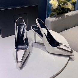 Sandals Women High Heel Shoes Genuine Leather Metal Square Buckle 2024 Summer New Pointed Toe Thin Heels 8cm 10cm Wedding Shoes With Dust Bags