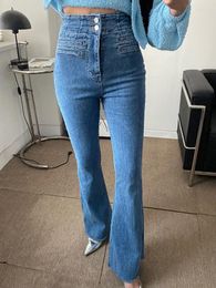 Women's Jeans High Waist Two Buttons Stretch Flare For Women Denim Pants Female Spring Jean Skinny Full Length Trousers 132
