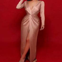 Sexy Engagement Prom Dress V Neck Long Sleeve Ruched Slit Satin Formal Party Gown Vestidos Fiesta Robe De Soiree 202 245A