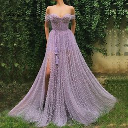 Charming Pearls Purple Evening Dresses Off Shoulder Long Elegant Side Sleeves Open Slit A line Prom Dress 211b
