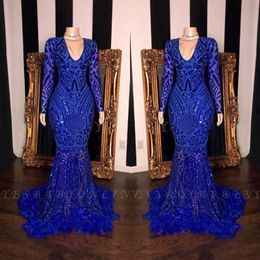 Royal Blue Lace Feather Mermaid Prom Dresses Black Girls V Neck Long Sleeves Sweep Train Formal Evening Party Gowns Real Image BC3607 283i