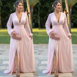 Pink Chiffon Evening Dresses Deep V Neck Long Sleeves Prom Dress Side Split A Line Bride Party Gowns 216I