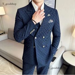 Jackapants 2 stycken Blue Apricot Business Party Men Suits Double Breasted Formal Style Custom Made Wedding Groom Tuxedos 240125 359