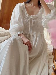 Women's Sleepwear Spring Autumn Women Fairy Cotton Nightdress Embroidery Ruffles Nightgowns Lace-up Elastic Vintage Princess Pajamas