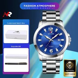 Wristwatches NOTIONR Mens Luxury Silver Stainless Steel Quartz Wristwatch Men Waterproof Watch With Customized Signing Pen Box Sets
