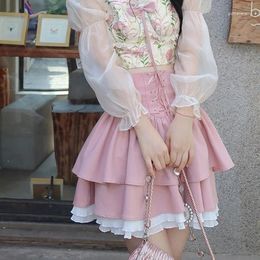 Work Dresses Autumn Pink Kawaii Mini Skrts Women Lace Patchwork Korean Fashion Party Skirt Female Casual Chic Designer Bandage Skirts 2024