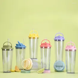 Water Bottles Double-layer Plastic Straw Cup Custom Large Hole Suckable Bubble Milk Tea Portable Handle With One Lid Double Drinking