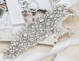 Flower Pearl Rhinestones Bride Belts Sash Gold Color Bridal Belt White Ivory Ribbon Women Party Dress Wedding Accessories m374 Y203073410