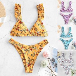 Women's Swimwear Women Flower Print High Cut V Neck Two Pieces Bikini Swimsuit Beachwear Long Swimming Shorts For